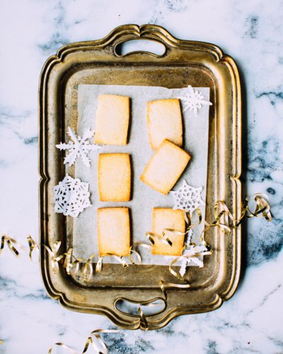Brass tray with holiday cookies