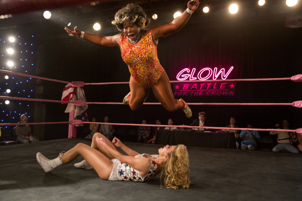 Tamme' "The Welfare Queen" Dawson (Kia Stevens) and Debbie "Liberty Belle" Eagan (Betty Gilpin) in the ring of 'GLOW' season 2
